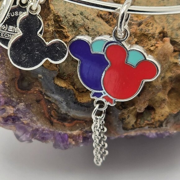 Alex And Ani Mickey Mouse Balloons Charms & Chain Detail Silver Bangle Bracelet - Picture 2 of 7